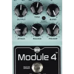 Front view of the DryBell Module 4 compact guitar pedal featuring all controls and switches