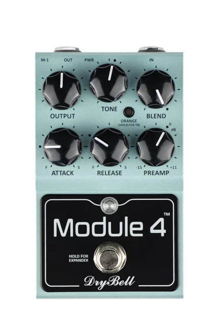 Front view of the DryBell Module 4 compact guitar pedal featuring all controls and switches