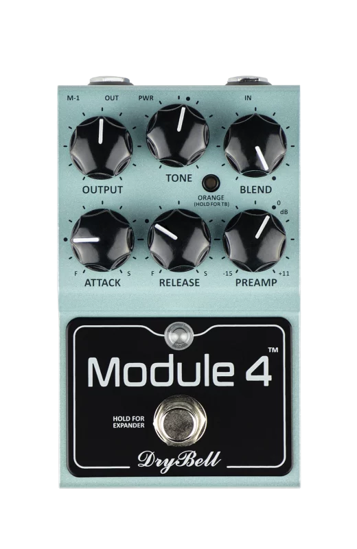 Front view of the DryBell Module 4 compact guitar pedal featuring all controls and switches