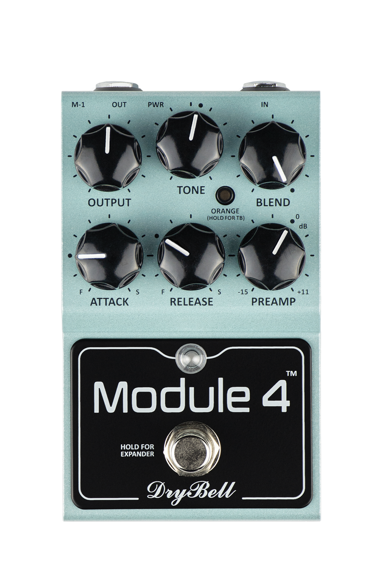 01-DryBell-Module-4-Guitar-Pedal-Front-View Front view of the DryBell Module 4 compact guitar pedal featuring all controls and switches