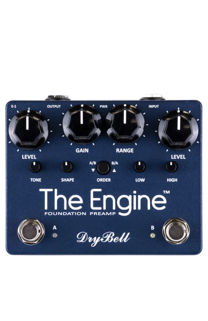 Front view of the DryBell The Engine guitar pedal featuring two channels and dual controls