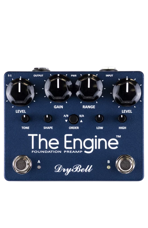 Front view of the DryBell The Engine guitar pedal featuring two channels and dual controls