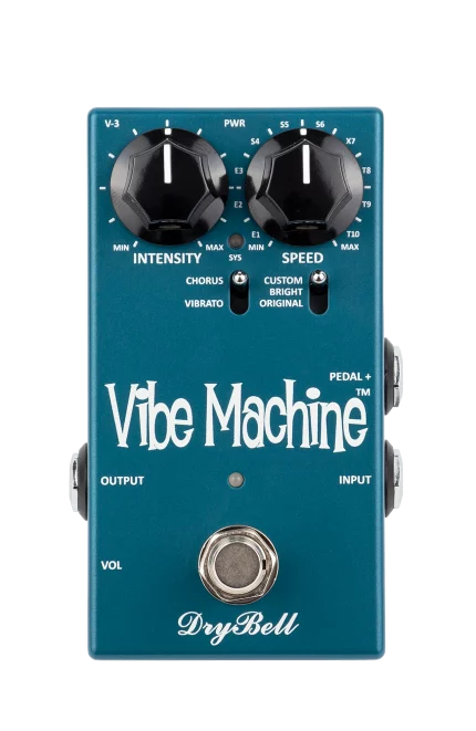 Front view of the DryBell Vibe Machine V-3 compact guitar pedal highlighting its small size