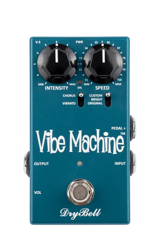 Front view of the DryBell Vibe Machine V-3 compact guitar pedal highlighting its small size