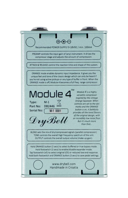 Back view of the DryBell Module 4 guitar pedal with quick instructions