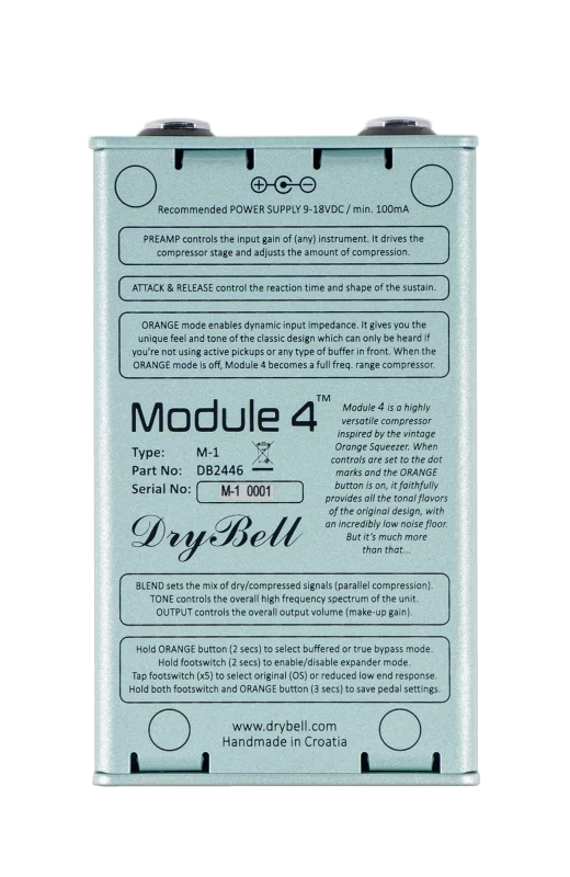 Back view of the DryBell Module 4 guitar pedal with quick instructions
