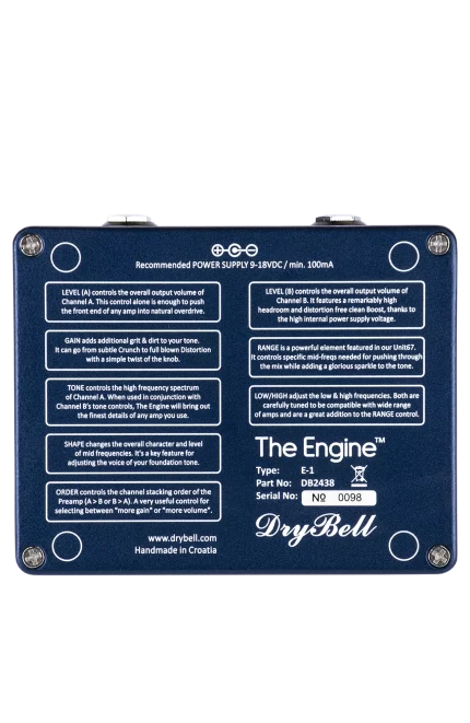 Back view of the DryBell The Engine guitar pedal with quick instructions