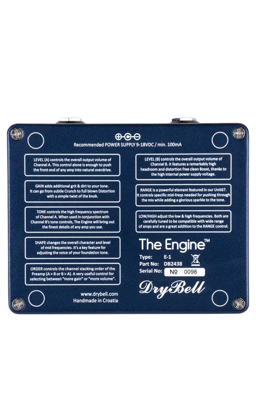 Back view of the DryBell The Engine guitar pedal with quick instructions