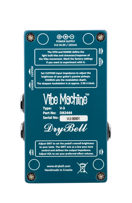 Back view of the DryBell Vibe Machine V-3 compact guitar pedal with quick instructions