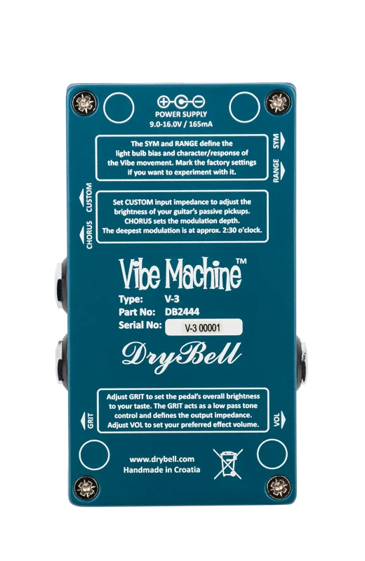 Back view of the DryBell Vibe Machine V-3 compact guitar pedal with quick instructions