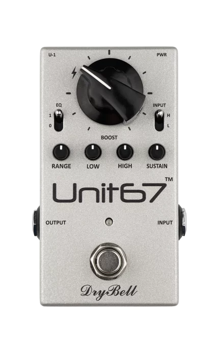 Front view of the DryBell Unit67 compact guitar pedal featuring all controls and switches