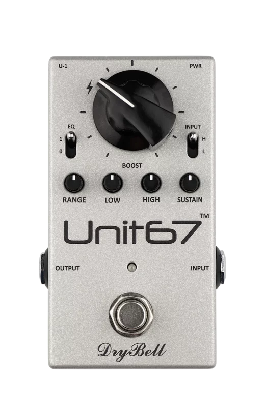 Front view of the DryBell Unit67 compact guitar pedal featuring all controls and switches