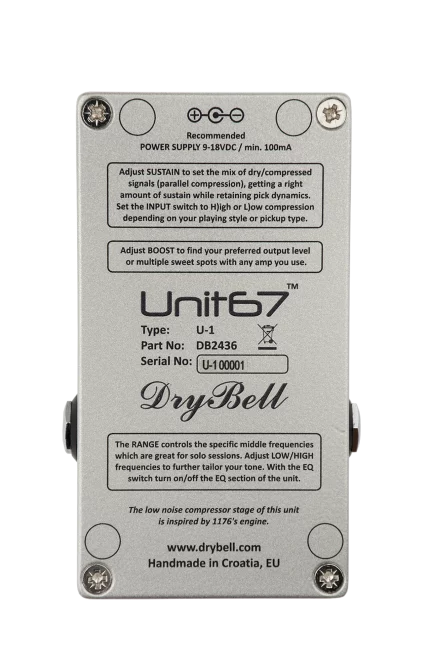 Back view of the DryBell Unit67 guitar pedal with quick instructions