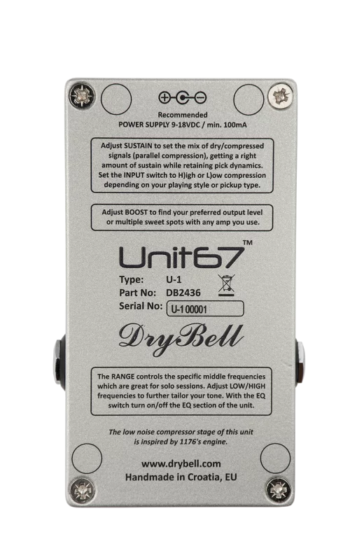 Back view of the DryBell Unit67 guitar pedal with quick instructions