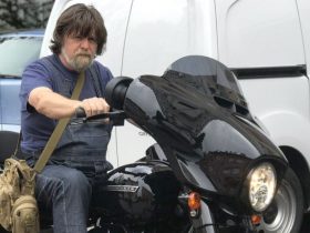Zlatko Horvat, DryBell's THT soldering specialist, riding his motorcycle.