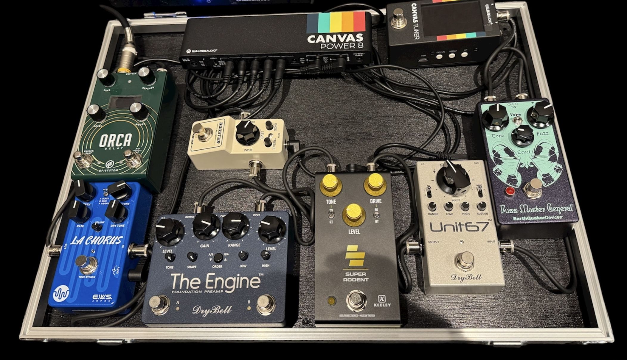 Koji Brash's pedalboard 2025, featuring DryBell The Engine and Unit67.